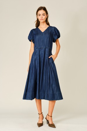 AJD6708<br/>SOFT DENIM PUFF BALLOON SLEEVE PLEATED DRESS