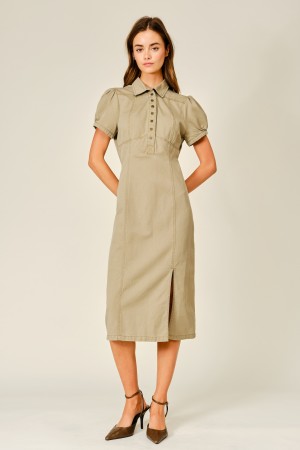 AJD6733<br/>SOFT COTTON PUFF SLEEVE H LINE MIDI DRESS