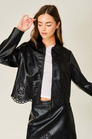 AJJ6438<br/>VEGAN LEATHER EMBROIDERED BOMBER JACKET