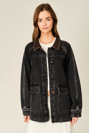 AJJ6646<br/>BLACK DENIM STUDDED VEGAN LEATHER COLLAR UTILITY JACKET
