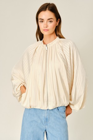 AJJ6889<br/>SATIN STRIPED ZIP UP BUBBLE HEM JACKET