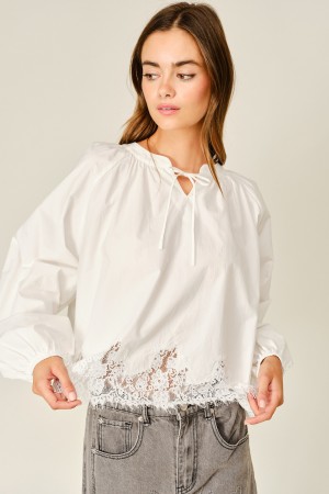 AJT6594<br/>URBAN COTTON BOW TIE LACE HEM BLOUSE