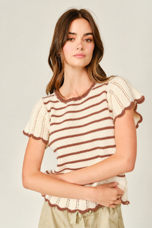 MAS3129<br/>STRIPED CROCHET SCALLOPED KNIT TOP